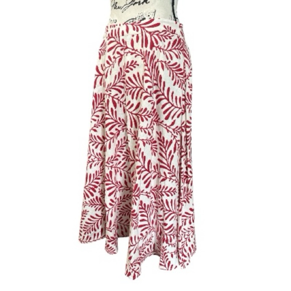 Who What Wear Red & White Linen Blend Midi Swing Skirt Leaf Pattern Pockets Sz 6